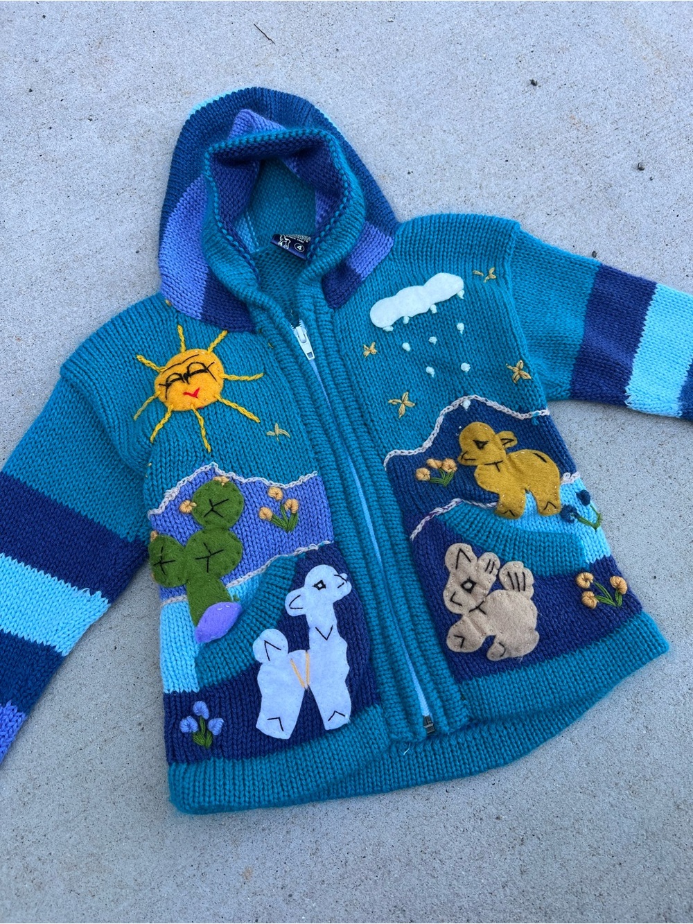 Handmade Teal & Blue Hooded Kids Zip Sweater with Animal Appliqués